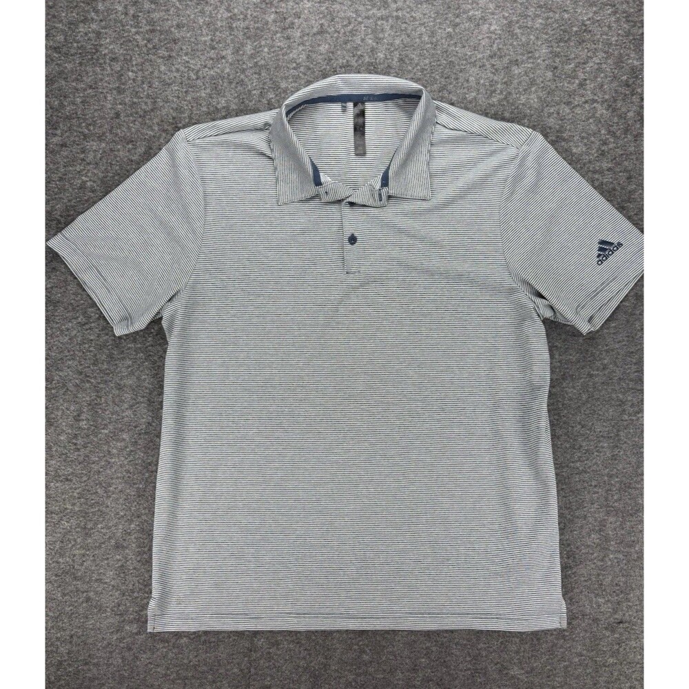 Adidas Golf Polo Mens L Blue White Striped Performance Short Sleeve Shirt